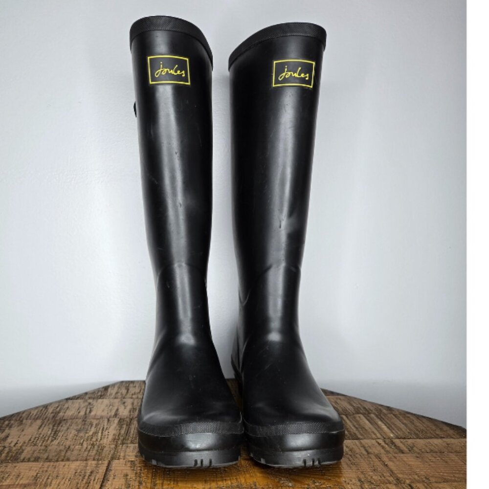 Joules Field Welly Tall Rain Boots Black w/ Yellow Stripe US 9 (EU 40/41)